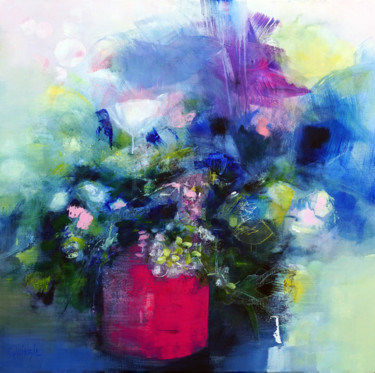 Painting titled "Flowers in a pink p…" by Marianne Quinzin, Original Artwork, Acrylic Mounted on Wood Stretcher frame