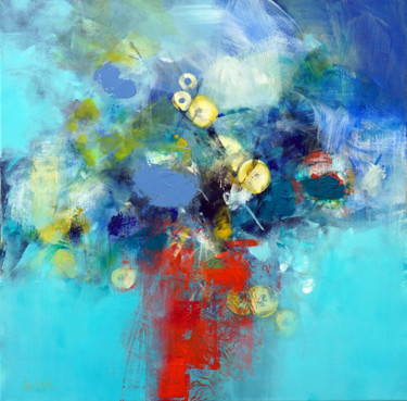 Painting titled "Blue and yellow flo…" by Marianne Quinzin, Original Artwork, Acrylic Mounted on Wood Stretcher frame