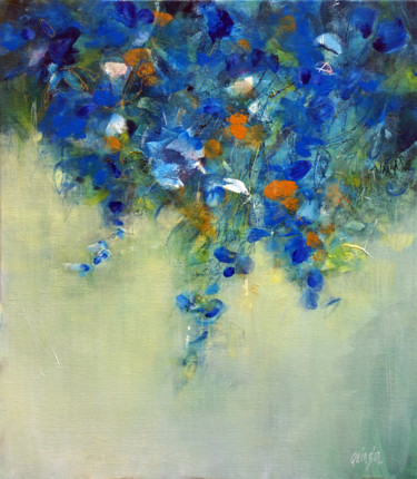 Painting titled "Fleurs bleues" by Marianne Quinzin, Original Artwork, Acrylic Mounted on Wood Stretcher frame