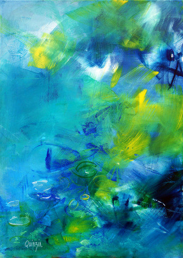 Painting titled "Jardin aquatique" by Marianne Quinzin, Original Artwork, Acrylic Mounted on Wood Stretcher frame