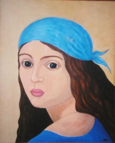 Peinture intitulée "" Le Foulard Bleu "" par Marianne Monnoye-Termeer, Œuvre d'art originale