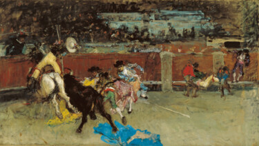Картина под названием "Bullfight. Wounded…" - Mariano Fortuny, Подлинное произведение искусства, Масло