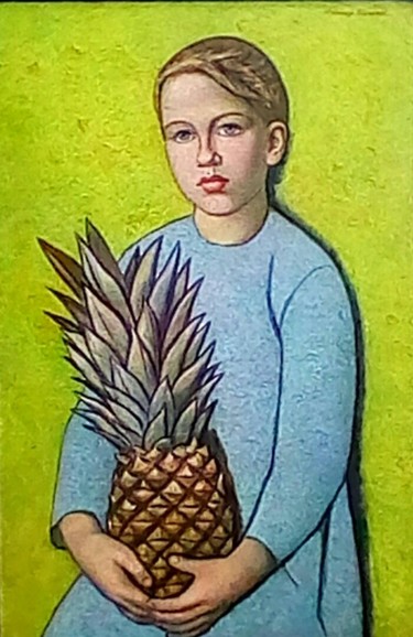 Schilderij getiteld "Девочка с ананасом" door Alexander Permyakov, Origineel Kunstwerk, Olie Gemonteerd op Karton