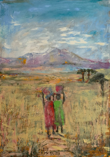 Painting titled "Africa" by Marie Kantorová Selmiová, Original Artwork, Oil Mounted on Wood Stretcher frame