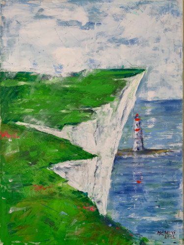 Painting titled "WHITE CLIFFS AND TH…" by Marie Kantorová Selmiová, Original Artwork, Oil Mounted on Wood Stretcher frame