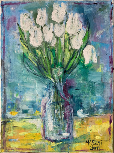 Painting titled "WHITE TULIPS" by Marie Kantorová Selmiová, Original Artwork, Oil Mounted on Wood Stretcher frame