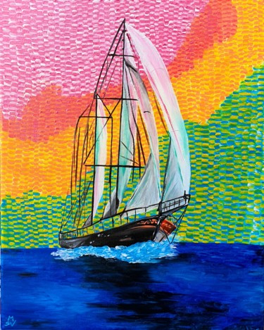 Painting titled "Colorful Boat" by Maria Sabrina Viviani, Original Artwork, Acrylic Mounted on Wood Stretcher frame