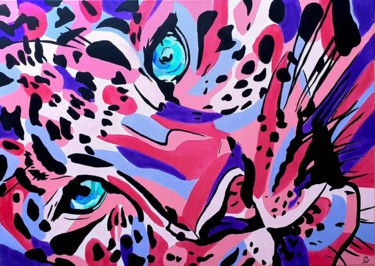 Painting titled "Pink cheetah" by Maria Sabrina Viviani, Original Artwork, Acrylic Mounted on Wood Stretcher frame