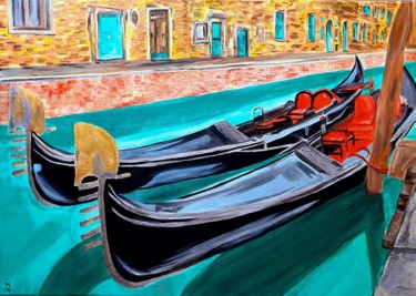 Painting titled "GONDOLA IN VENICE" by Maria Sabrina Viviani, Original Artwork, Acrylic Mounted on Wood Stretcher frame