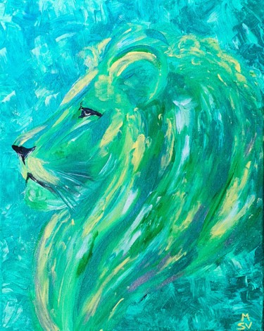 Schilderij getiteld "Green Lion" door Maria Sabrina Viviani, Origineel Kunstwerk, Acryl Gemonteerd op Frame voor houten bran…