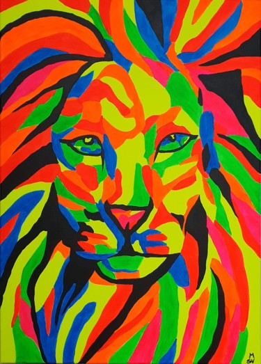 Painting titled "THE LION FLUO" by Maria Sabrina Viviani, Original Artwork, Acrylic Mounted on Wood Stretcher frame