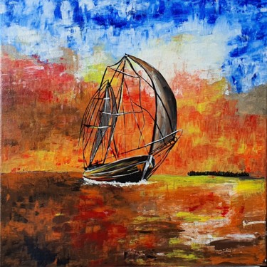 Painting titled "Sunset Boat" by Maria Sabrina Viviani, Original Artwork, Acrylic Mounted on Wood Stretcher frame