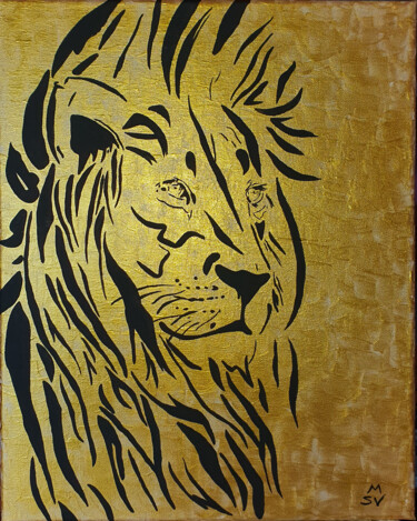Painting titled "GOLD LION" by Maria Sabrina Viviani, Original Artwork, Acrylic Mounted on Wood Stretcher frame