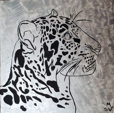 Painting titled "SILVER LEOPARD" by Maria Sabrina Viviani, Original Artwork, Acrylic Mounted on Wood Stretcher frame