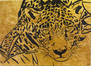 Painting titled "GOLD LEOPARD" by Maria Sabrina Viviani, Original Artwork, Acrylic Mounted on Wood Stretcher frame