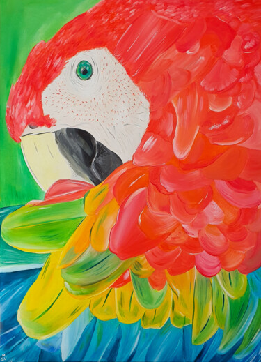 Malarstwo zatytułowany „RED PARROT” autorstwa Maria Sabrina Viviani, Oryginalna praca, Akryl Zamontowany na Drewniana rama n…