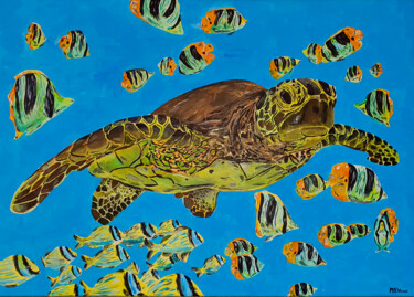 Painting titled "Turtle" by Maria Sabrina Viviani, Original Artwork, Acrylic Mounted on Wood Stretcher frame