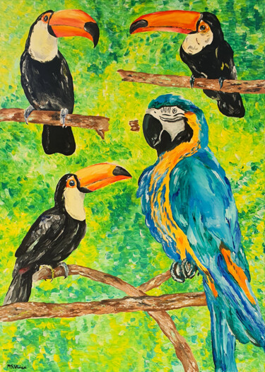 Painting titled "PARROT WITH TOUCANS" by Maria Sabrina Viviani, Original Artwork, Acrylic Mounted on Wood Stretcher frame