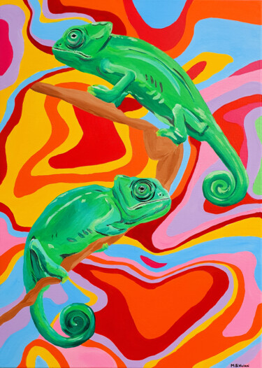 Painting titled "Colorful chameleons" by Maria Sabrina Viviani, Original Artwork, Acrylic Mounted on Wood Stretcher frame