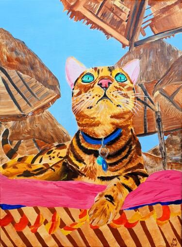 Schilderij getiteld "Cat in Kenya" door Maria Sabrina Viviani, Origineel Kunstwerk, Acryl Gemonteerd op Frame voor houten br…