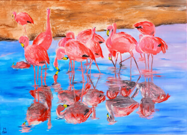 Pintura intitulada "Pink Flamingos" por Maria Sabrina Viviani, Obras de arte originais, Acrílico Montado em Armação em madei…