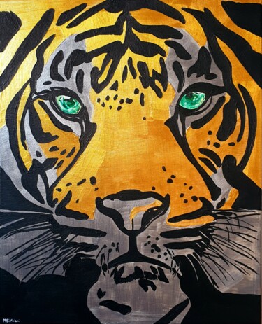 Painting titled "Sguardo di tigre" by Maria Sabrina Viviani, Original Artwork, Acrylic Mounted on Wood Stretcher frame
