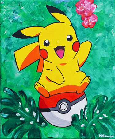 Malerei mit dem Titel "Tropical Pikachu" von Maria Sabrina Viviani, Original-Kunstwerk, Acryl Auf Keilrahmen aus Holz montie…