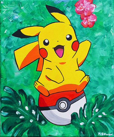 Schilderij getiteld "Tropical Pikachu" door Maria Sabrina Viviani, Origineel Kunstwerk, Acryl Gemonteerd op Frame voor houte…