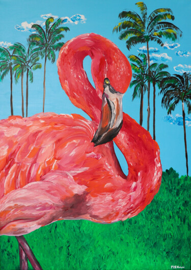 Painting titled "Flamingo Mexico" by Maria Sabrina Viviani, Original Artwork, Acrylic Mounted on Wood Stretcher frame