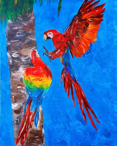 Painting titled "PARROTS COLORS" by Maria Sabrina Viviani, Original Artwork, Acrylic Mounted on Wood Stretcher frame