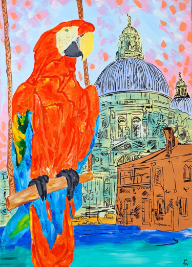 Painting titled "PARROT IN VENICE" by Maria Sabrina Viviani, Original Artwork, Acrylic Mounted on Wood Stretcher frame