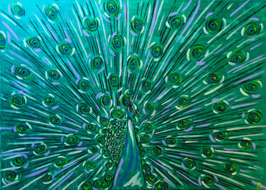 Картина под названием "GREEN PEACOCK" - Maria Sabrina Viviani, Подлинное произведение искусства, Акрил Установлен на Деревян…