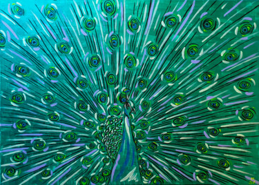 Painting titled "GREEN PEACOCK" by Maria Sabrina Viviani, Original Artwork, Acrylic Mounted on Wood Stretcher frame