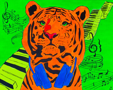 Pintura titulada "TIGER DJ" por Maria Sabrina Viviani, Obra de arte original, Acrílico Montado en Bastidor de camilla de mad…