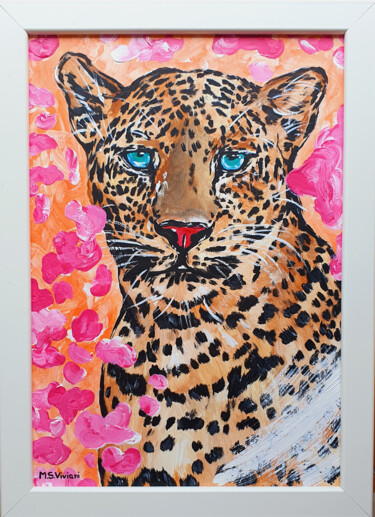 Painting titled "Leopard and flowers" by Maria Sabrina Viviani, Original Artwork, Acrylic Mounted on Plexiglass