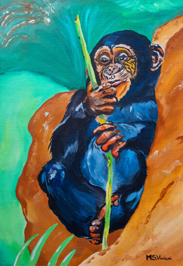 Malerei mit dem Titel "Chimpanzee" von Maria Sabrina Viviani, Original-Kunstwerk, Acryl