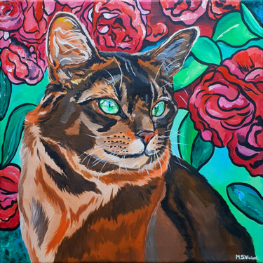 Painting titled "Cat and peonies" by Maria Sabrina Viviani, Original Artwork, Acrylic Mounted on Wood Stretcher frame