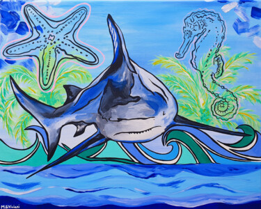 Painting titled "The Shark" by Maria Sabrina Viviani, Original Artwork, Acrylic Mounted on Wood Stretcher frame