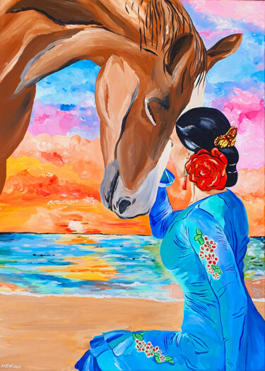 Painting titled "Horse and flamenco" by Maria Sabrina Viviani, Original Artwork, Acrylic Mounted on Wood Stretcher frame