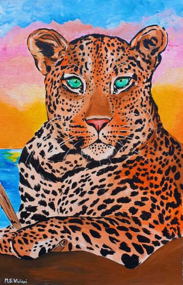 Painting titled "Sunset Leopard" by Maria Sabrina Viviani, Original Artwork, Acrylic