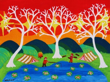 Painting titled "il camping sul lago" by Mariateresa Sala, Original Artwork, Acrylic Mounted on Wood Stretcher frame