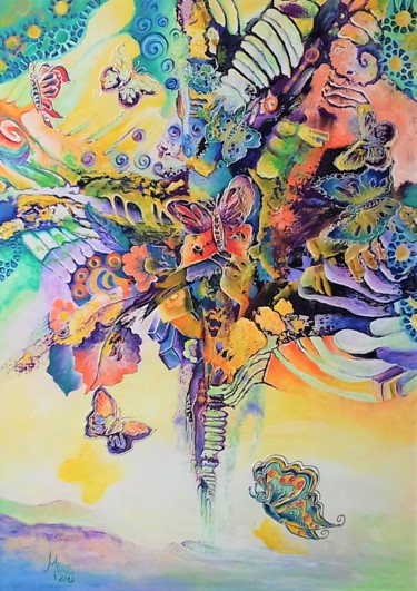 Painting titled "Copacelul Fluturilo…" by Mariana Oros, Original Artwork, Acrylic Mounted on Wood Stretcher frame