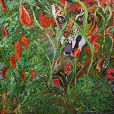 Peinture intitulée "Tigre fra le Orchid…" par Marica Pais, Œuvre d'art originale