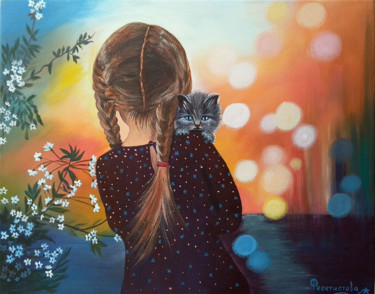 Schilderij getiteld "Girl with a kitten" door Tatiana Feoktistova, Origineel Kunstwerk, Acryl