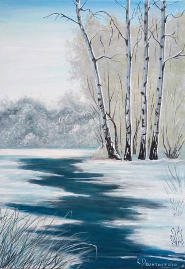Pintura intitulada "Russian birch in wi…" por Tatiana Feoktistova, Obras de arte originais, Acrílico