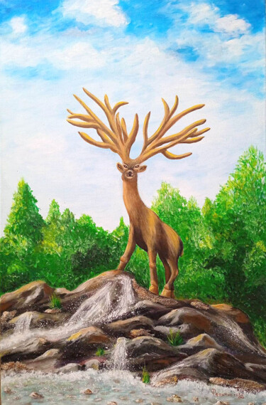 Картина под названием "Deer with golden ho…" - Tatiana Feoktistova, Подлинное произведение искусства, Акрил