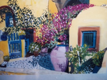 Peinture intitulée "Petite cour, Grèce" par Marie-Agnès Dubois Lambert, Œuvre d'art originale, Gouache