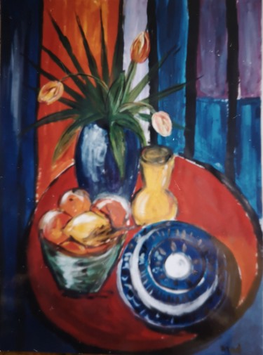 Painting titled "La table rouge" by Marie-Agnès Dubois Lambert, Original Artwork, Gouache