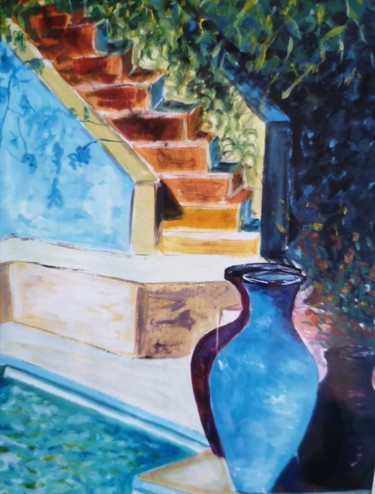 Peinture intitulée "Au bord de la pisci…" par Marie-Agnès Dubois Lambert, Œuvre d'art originale, Gouache