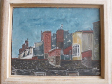 Painting titled "Toitures et cheminé…" by Marie-Agnès Dubois Lambert, Original Artwork, Oil Mounted on Other rigid panel